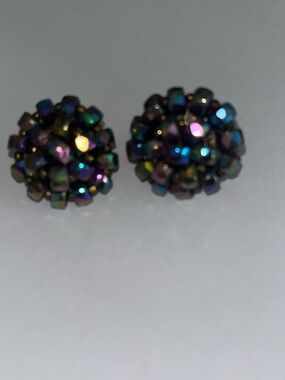 Vintage earrings Aurora Borealis (AB) crystal glass bead clip-ons round